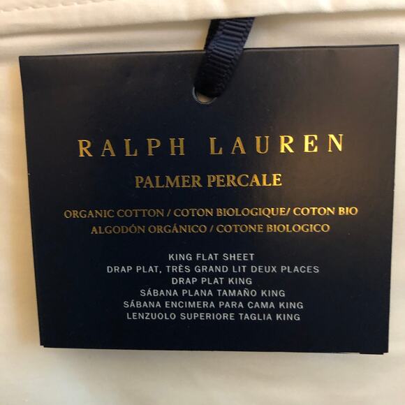 Ralph Lauren Organic Cotton Percale Palmer King Flat Sheet White Pale Sky Blue - Picture 4 of 10